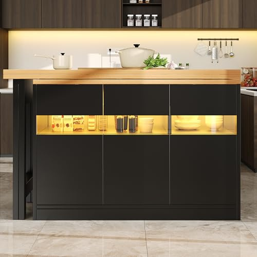 REXO Mesa de bar extensible 120-180 cm con iluminación LED y función giratoria de 360°, moderna isla de cocina con espacio de almacenamiento, para salón, comedor, oficina en casa