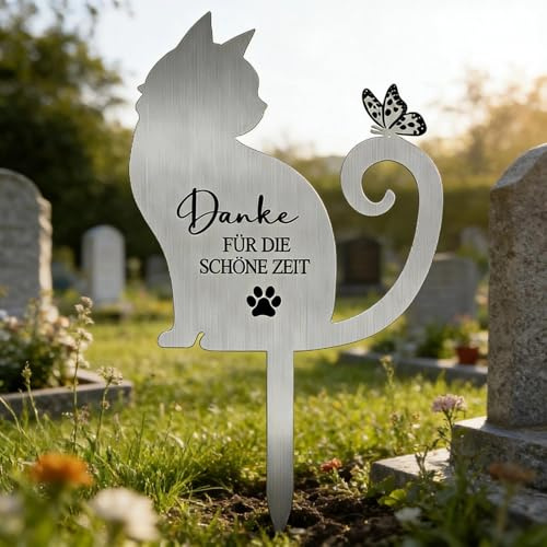 HUANR Wetterfest Grabstecker, Edelstahl Grabstein Katze Draußen Grabschmuck | Katzenform Wetterfest Grabstecker, Metal Grabplatte mit Gravur Katze, für Gedenken, Geschenk und Dekoration