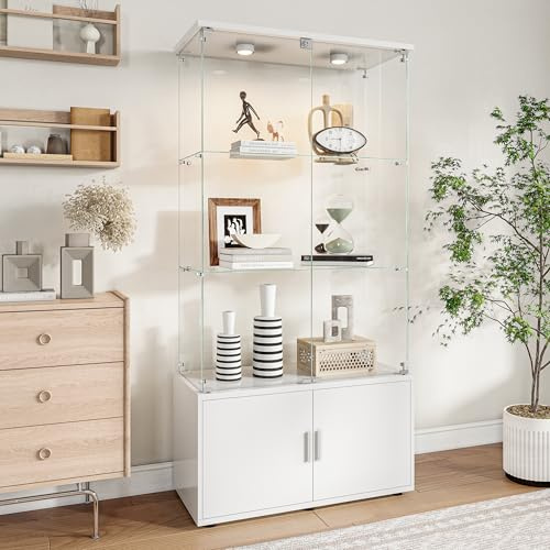 HOOGDLJ Glasvitrine Stående vitrine med LED, samlarvitrine med 2 låsbara glasdörrar och 5 glashyllor Vitrine Skåp Transparent vitrine Glas (Vit, 2 dörrar 3 hyllor - LED-beröring)