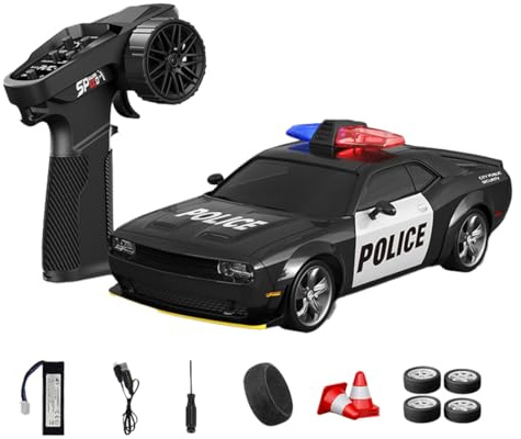 NULA 1:24 RC Drift Auto, D24 RTR Full proporcional 4WD High Speed Coche teledirigido con giroscopio, neumáticos de deriva y carreras, efectos de luz LED LED (Q6 coche de policía / D24-02)