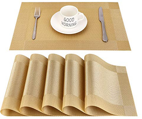 Manteles Individuales Lavables Salvamantele Individuales PVC Antideslizantes Resistente al Calor Juego de 6 para la Mesa de Comedor de Cocina,Dorado