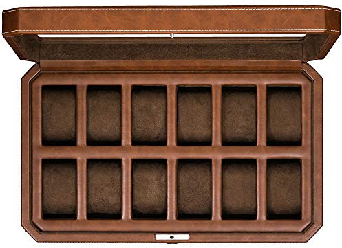 ROTHWELL 12 Slot Leder Uhrenbox für Herren - Luxus Uhrenetui Display Organizer, Herren Aufbewahrungsboxen Halter Großer Glasdeckel (Schwarz/Grau)