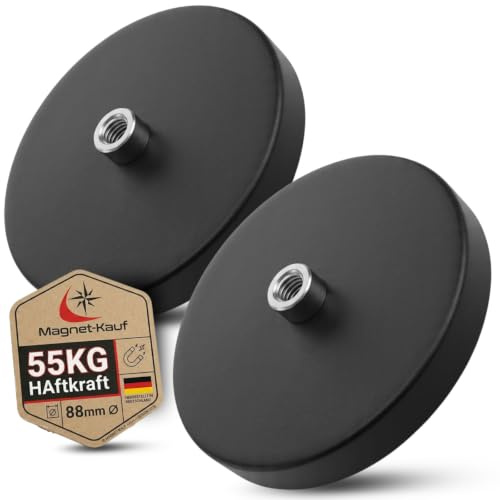 2x Neodym Magnete Gummiert Ø 88mm Mit M8 Außengewinde 55 KG Zugkraft Flachgreifer Magnet Scheibe Topfmagnet Gummi Runde Magnete mit Gewinde für Schrauben Öse oder Haken