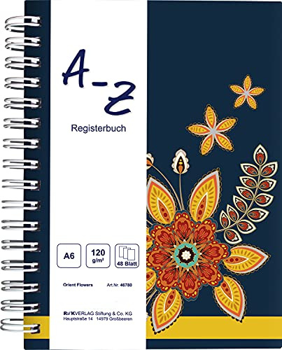 RNKVERLAG - Notizbuch mit Register A-Z mit 48 Blatt 120 g/m², 1 Stück (Mehrfarbig Orient Flowers, A6)