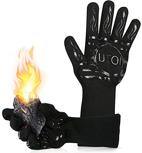 UTOI Guanti da Barbecue Resistenza al Calore Fino a 800°C, Guanti da Forno Antiscivolo in Silicone per Cucina, Griglia e Camino, Taglia XL, Certificati EN407, 1 Paio, Nero