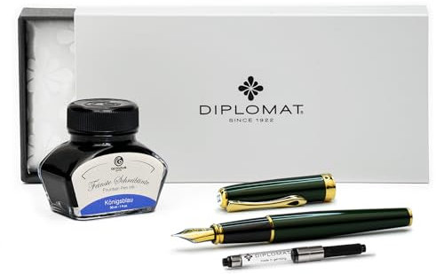 Diplomat Excellence A2 Evergreen vergoldet, Füllfederhalter mit Schreibtinte und Konverter, Füller mit Edelstahlfeder Stärke M, Füllhalter-Set