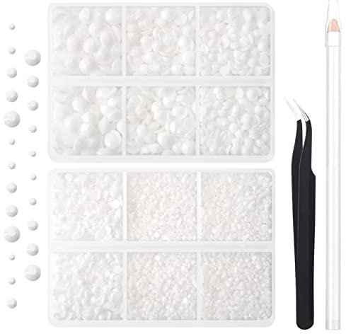 AUREHEN 10000 piezas de diamantes de imitación de resina blanca de 2 a 6 mm, diamantes de imitación redondos de resina, piedras de gemas de uñas con pinzas y bolígrafo selector para vasos, arte de