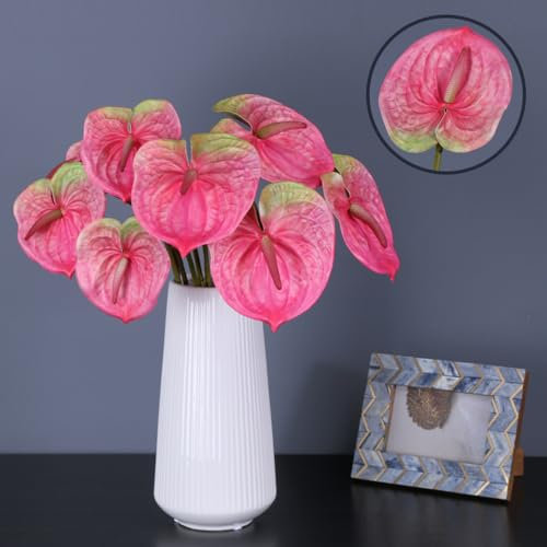 NatureMan Lot de 8 lys artificiels en anthurium de 61 cm pour décoration d'intérieur, bouquet et feuilles vertes, pour décoration de mariage, festival, arrangement floral (rose)