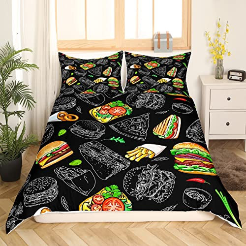 Homewish Fast Food Bettwäsche Set 200x200 Kinder Teenager Jungen Mädchen Hamburger Pizza Bettbezug Pommes Sandwich Bettbezug mit 2 Kissenbezügeleckeres Snack Thema Schlafzimmerdekoration schwarz