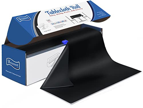 Vrisssot Disposable Black Plastic Table Cover Roll 54in X 120ft - Heavy Duty Waterproof Tablecloth with Easy Slide Cutter for Weddings, Picnics & Outdoor Parties