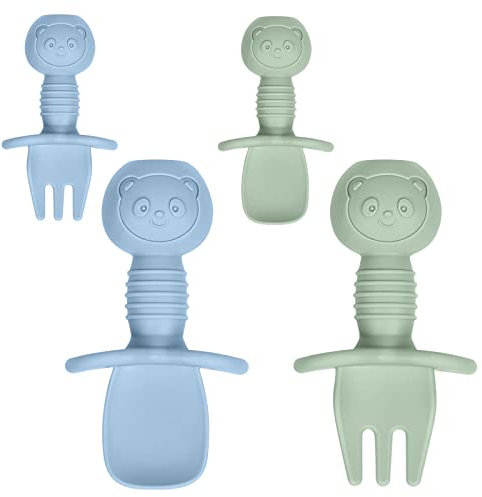 Vicloon Set di 4 forchette e cucchiai, in silicone, facili da impugnare, per lo svezzamento e lo svezzamento dei bambini (grigio/verde)