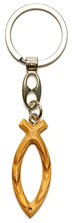NazarethFairTrade Porte-clés en bois d'olivier fait main Ichthus Fish avec chaîne en métal de Nazareth, cadeaux chrétiens pour clés de voiture, hommes, femmes, garçons, filles, bijoux de Terre Sainte