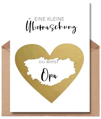 The Life Barn Rubbelkarte Du wirst Opa Überraschung Schwangerschaft verkünden | Hochwertiges 350g Papier, goldenes Herzrubbeletikett, inkl Kraftpapierumschlag