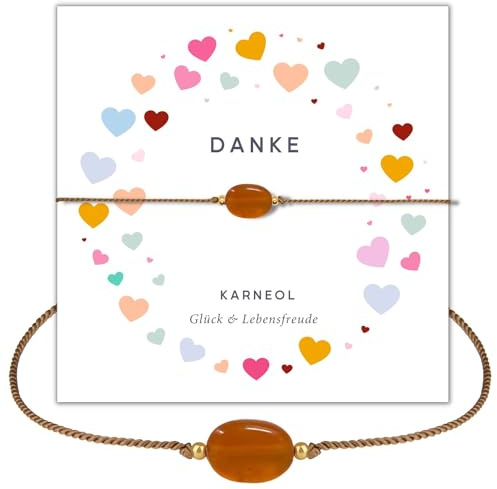 happymaker - Danke Geschenk, Edelstein Armband mit Danke Karte, Karneol Armband mit 19k vergoldete Perlen, Geschenkverpackung, handmade in Deutschland