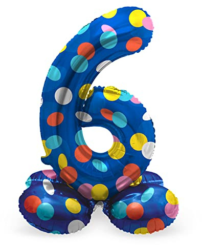 Folat 63976 Luftballon Geburtstag Stehender Ziffer Zahl 6 Colorful Dots Blau mit farbigen Punkten 72 cm - Decoration Geburtstagdeko, Ballon Zahl, Kein Helium erforderlich