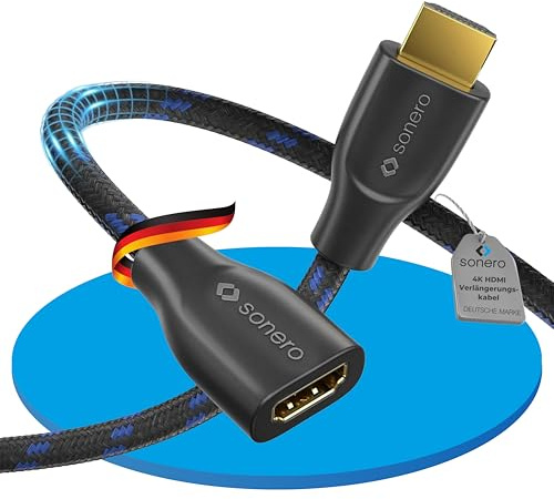 sonero HDMI Verlängerungskabel Verlängerung, 4K 60Hz, Stecker/Buchse, 2m | HDMI Verlängerung, Portsaver für Bild und Ton mit 4K, 60Hz, 18 GB/s, doppelt geschirmt und robustem Baumwoll-Mantel
