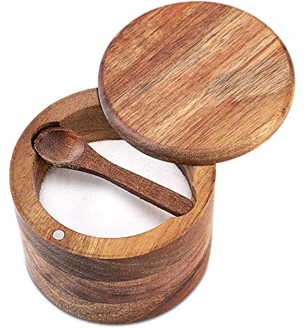 RAETTER.LY Acacia Wood Salt and Pepper Bowl, Nature Wood Salt Cellar and Spices Storage Box With Built-in Spoon and Magnetic Swivel Lid (Single Compartment 6.5 oz)