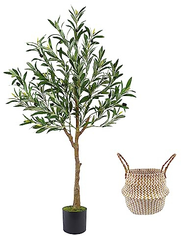 Warmplants Künstlicher Olivenbaum, 1,2 m hoch, künstliche Olivenblätter, Pflanze mit Korb, für drinnen und draußen, künstlicher Olivenbaum, Formschnitt, Seidenbaum für Zuhause, Wohnzimmer, Büro, Dekor
