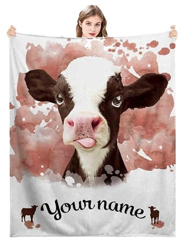 ZQYMM Personalisierte Babydecke mit Namen Kuscheldecke Kuh Kinderdecke Individuelle Wunschtier Decken mit Namen für Newborn und Geburtsdatum für Kinder Neugeborenen Geschenk Geschenk Zur Geburt