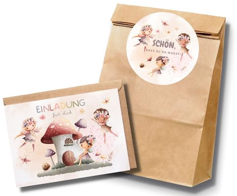Paperlane by Essi 10 Feen Geburtstagssets mit Einladungskarten und Gastgeschenktüten - Mädchen Kindergeburtstag - inkl. Umschläge 10 Stück (Einladungskarten + Mitgebseltüten)