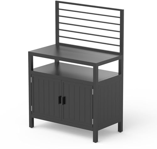 Domi Outdoor Kitchen Island with Storage, Aluminum Kitchen Storage Island with Wall Hanging, Freestanding Grill Storage Cabinet with Protective Cover for BBQ, Deck, Patio, Backyard