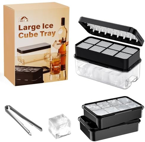 PHINOX Large Ice Cube Tray with Lid and Bin, Ice Trays for Freezer, 2 INCH Whiskey Ice Cubes Mold, 2*8 pcs Square Ice Cube Mold with Tong, Easy to Release, Large Ice Tray for Whiskey Cocktail Bourbon