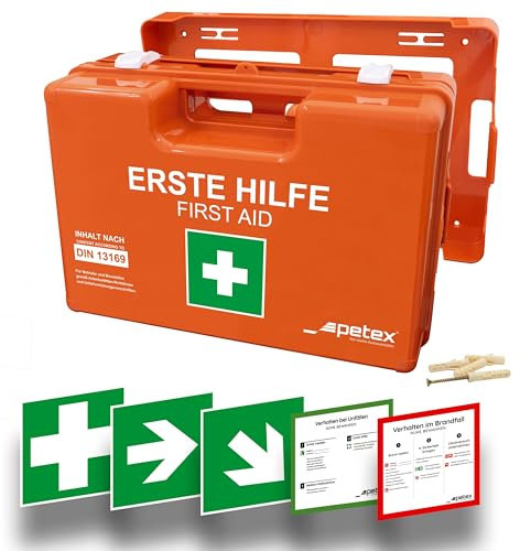 PETEX Betriebsverbandkasten Profi mit Inhalt nach neuer DIN 13169 inkl. praktischer Wandhalterung, 5x Aufkleber, Erste-Hilfe-Koffer, Verbandkasten in orange für Betrieb, Büro, Baustellen