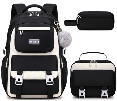 Makukke Schulrucksack Mädchen Teenager Rucksack Schule Schulranzen-Set, Schultasche Jungen Multi-Tasche Wasserdicht Schulranzen School Bag für Mädchen Damen,30L Schwarz Rucksack