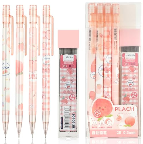 Mabor Lot de 4 porte-mines roses comprenant 4 porte-mines Peach avec un tube de recharges de crayon de 0,5 mm et de jolies gommes pêche, fournitures esthétiques, cadeau de rentrée scolaire pour