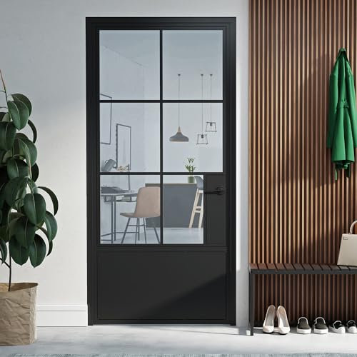 SEART Innentüren mit zarge komplett Innentüren türdrücker gehärtetes Glas Metall mit Sprossen Factor (Transparentes Glas, links) 80x200 cm