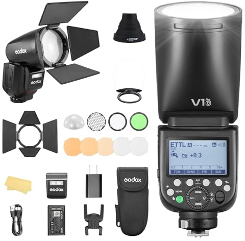 Godox V1PRO-O V1Pro O Round Head Camera Flash Flash Camera Flash with AK-R1 TTL Speedlite 2.4G Wireless TTL Speedlight Strobe,76Ws HSS 1/8000s with Li-ion Battery for Olympus Panasonic Cameras