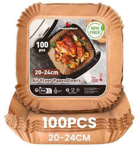 KitchenBoss Carta Forno Per Friggitrice Ad Aria: 100 Pezzi Contenitori Fogli Per Friggitrice Ad Aria Quadrata 20-24cm, Antiaderente Usa e Getta Carta Pergamena per Air Fryer Forno Padelle Microonde