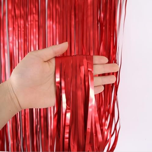 Silvester Lametta Vorhänge Silber, 5 Stück Metallische Glitzervorhang Fringe, Glitzer Tinsel Curtain, Folienfransen Vorhang für Weihnachtsbaum Geburtstage Festivals Party ​Bühnendekor (Rot)