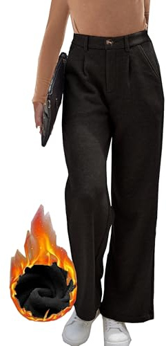 Fakanhui - Pantaloni eleganti da lavoro per donna, foderati in pile, a gamba larga, a vita alta, invernali, caldi, casual, nero, L