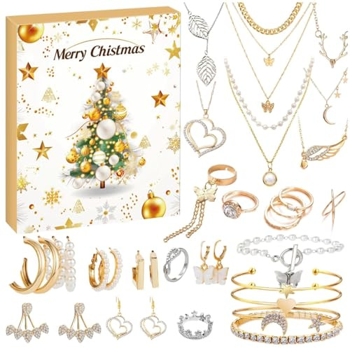 Schmuck 2024, Weihnachts-Countdown-Kalender, 24 Tage, trendiges Schmuck-Set für erwachsene Frauen und Teenager-Mädchen, Countdown-Kalender 2024