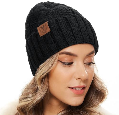 OZERO Damen Mütze Beanie Wintermützen: Schwarz Warme Strickmütze Wollmützen Bommelmütze Winterhaube