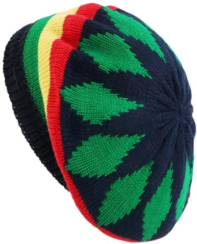 Keuyeo Jamaikanische Rasta-strickmütze, Gestrickte Baskenmütze, Mehrfarbige Blätter, Hip-hop-Mode, Haarbedeckung, Unisex, Slouchy Baggy Cap