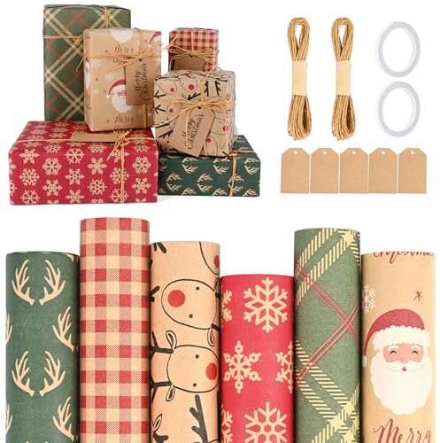 Navidad Papel Kraft Papel de Regalo, 6 Rollos 43cm x 3m Papel Envolver Navidad Bobina Papel de Regalo Retro Papel de Regalo Kraft Papel Para Envolver De Navidad Set, Para Regalo de Fiesta Navideña