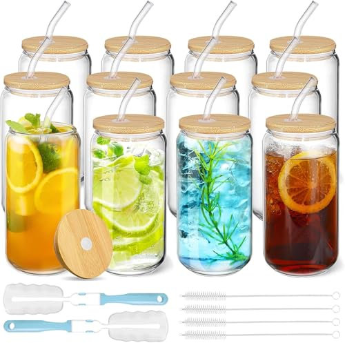 12 Pcs Drinking Glasses Cups with Glass Straw and Bamboo Lids - 16oz Beer Can Shaped, Iced Coffee Tumbler Clear Cup for Cocktail, Whiskey, Cola, Juice, Soda, Tea, Water | Gift Set Family Party Bar