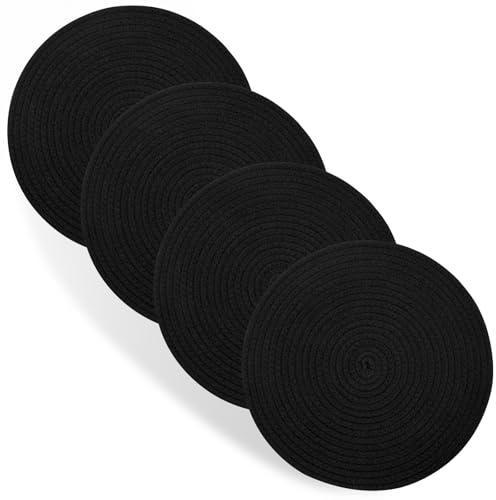 Round Placemats Set of 4, Cotton Rope Thick Place Mats, Heat Resistant Woven Table Mats, Hot Pads for Kitchen, 13 Inches Braided Placemat for Farmhouse and Kitchen Table Decor (Black)