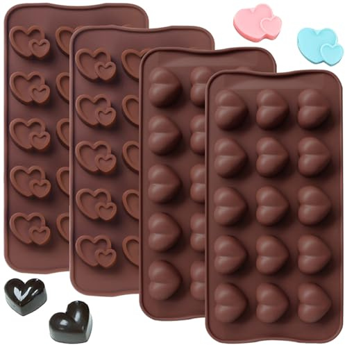 YXHZVON Schokoladenform Silikon, 4 Stück Silikonform Schokolade Herzform, Valentinstag Mini Schokoriegel Form Schokoladenstücke 15 Hohlräume für Schokolade Praline Süßigkeiten