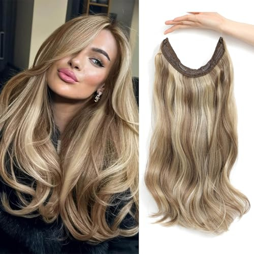 Flyroseing Brown Hair Extensions, 18 Inch Body Wavy Halos Hair Extension, Synthetic Fiber Soft Brown with Blonde Secret Hairpiece with Adjustable Size 2 Secure Clips Transparent Wire