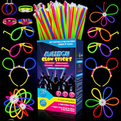 Millegu 230 Fluo Party Kit, 100 Braccialetti Luminosi Fluorescenti Bambini Adulti Starlight Glow Sticks e 130 Connettori per Bracciali Occhiali Gadget per Comleanno Feste Carnevale Capodanno Pasqua