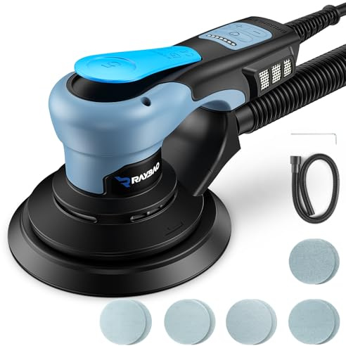 RAYBAO Levigatrice orbitale senza spazzole, 150 mm, 350 W, eccentricità 5 mm, bassa vibrazione, alta potenza di levigatura, regolazione della velocità fino a 10.000 giri/min, 10 fogli abrasivi, ideale