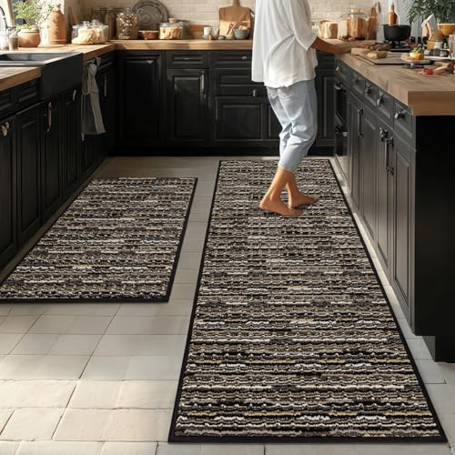 Kitchen Rugs Sets of 2-Non Slip Kitchen Mats for Floor-Thick Stain Resistant Vintage Kitchen Floor Mat Runner Carpet for Hallways Entryway Laundry Room Washable（Black 22x59+20x32）