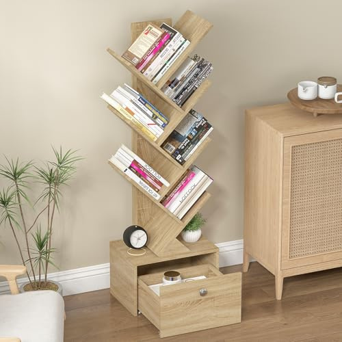 Rebonique Bücherregal Baumform,Standregal 8 Ebenen mit Schublade,Freistehend Eckregal Holz Regal,für Bücher,CDs&DVDs,Aufbewahrungsregal Baumform,für Wohnzimmer,Schlafzimmer,Kinderzimmer,38x25x124cm