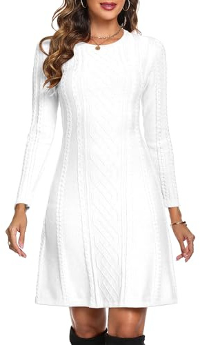 Aottori Winter Jumper Dress for Women UK Round Neck Knitted Sweater Dresses Ladies Long Sleeve A-Line Slim Fitted Casual Party Tunic Dresses White XL