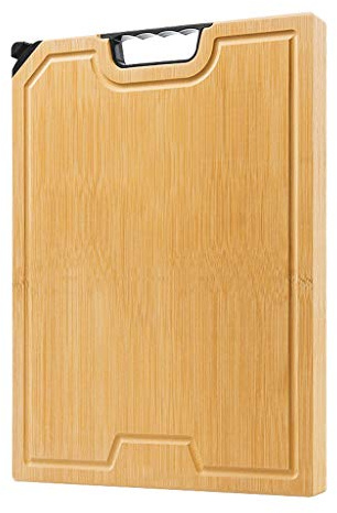 Tabla de cortar de madera maciza con mango y ranura para jugo, tabla de bambú grande para pasta, fruta, queso y carne, incluye afilador de cuchillos