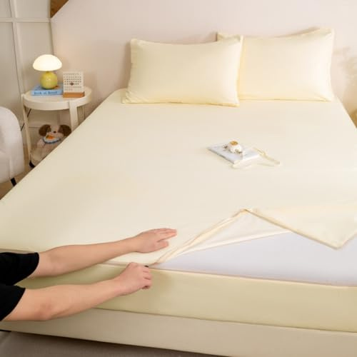 Morbuy Coprimaterasso Singolo Matrimoniale Impermeabile, Coprimaterasso Una Piazza e Mezza Antiacaro con Cerniera Morbida per Materassi Altezza 25cm (FA11 Giallo,180x200+25cm)