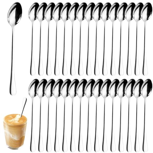 Lot de 30 Cuillères à Latte Macchiato, 19 cm Cuillères à Café en Acier Inoxydable à Long Manche, Petites Cuilleres a Dessert,Inoxydable Argenté Longue Cuillère à Sundaes pour Latte Café,Chocolat Chaud